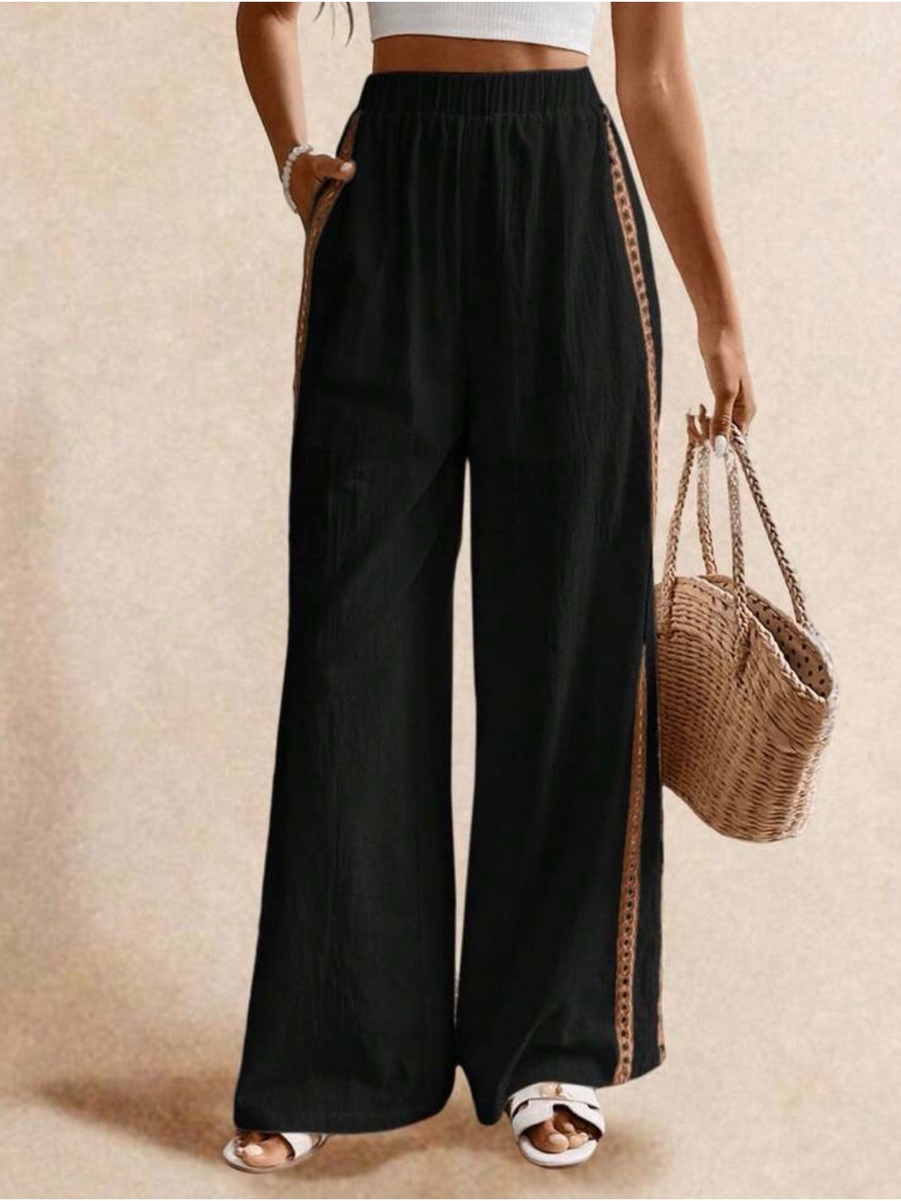 High-Waist Black Wide-Leg Pants with Side Trim and protective eye on back pocket